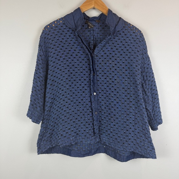 WALTER VOULAZ Italian Linen Shirt Woman 40 Small Blue Eyelet Button Classic - Picture 1 of 7